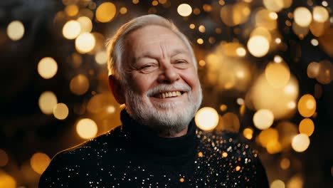 portrait of a cheerful senior man wearing a black turtleneck sweater with glitter, smiling and looking at camera on a blurred christmas lights background