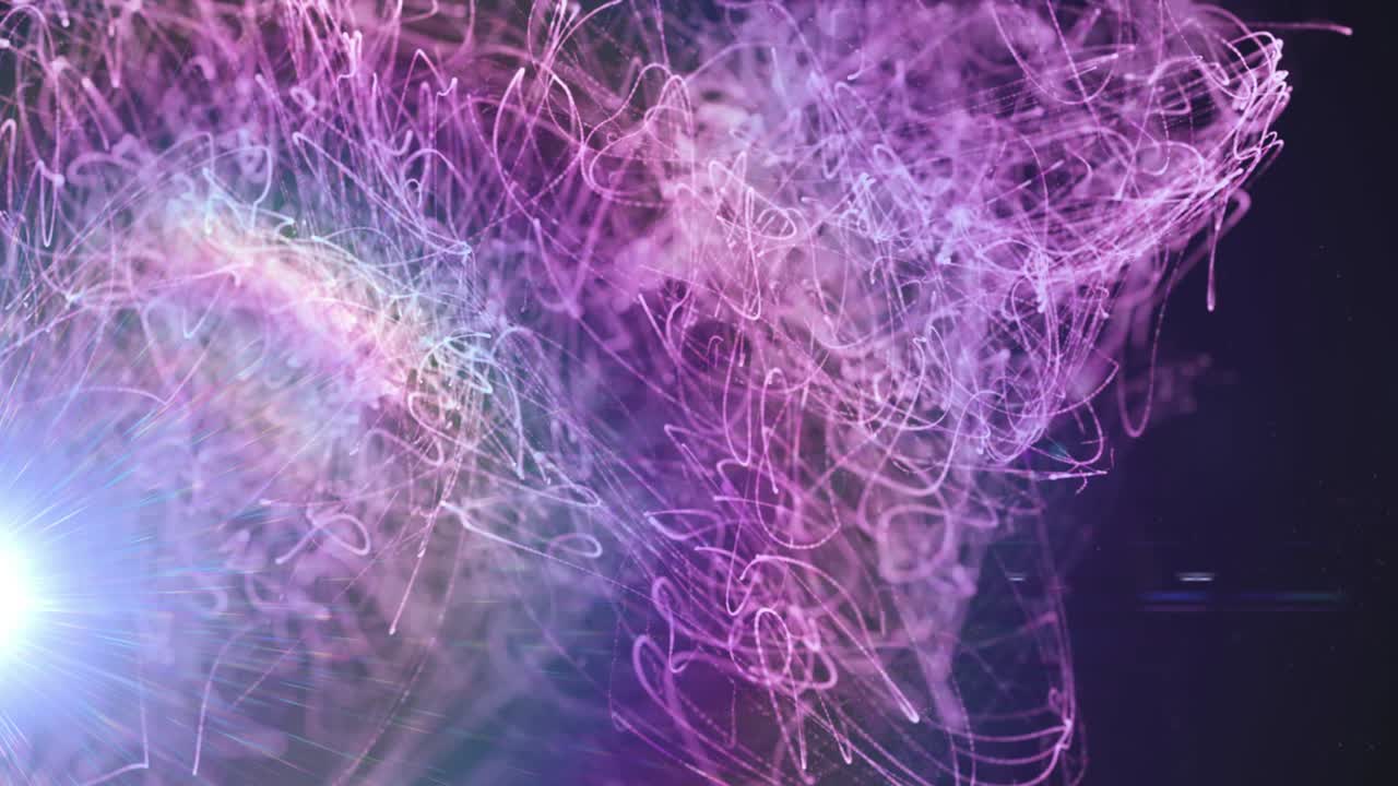 Animation of explosion of purple light trails and glowing spotlight