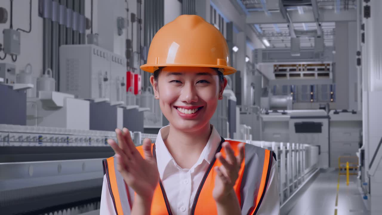 Close Up Of Asian Female Engineer With Safety Helmet Smiling And Clapping Her Hands At Pharmaceutical Factory, Vaccine Production Facility