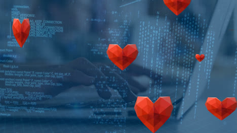 animation of data processing over hearts and hands using laptop