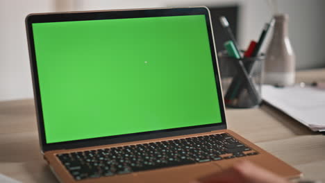 woman surfing greenscreen laptop at company workspace closeup. female hands