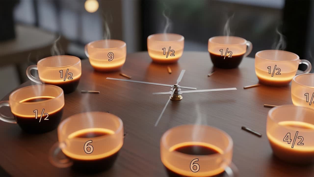 A Creative Concept of Time and Coffee: Illuminated Cups Representing Hours on a Clock, Showcasing the Harmony Between Beverage and Moment