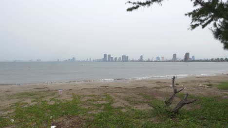 Rainy-Day-Above-Da-Nang-Beach-With-Cityscape-in-Background,-Vietnam