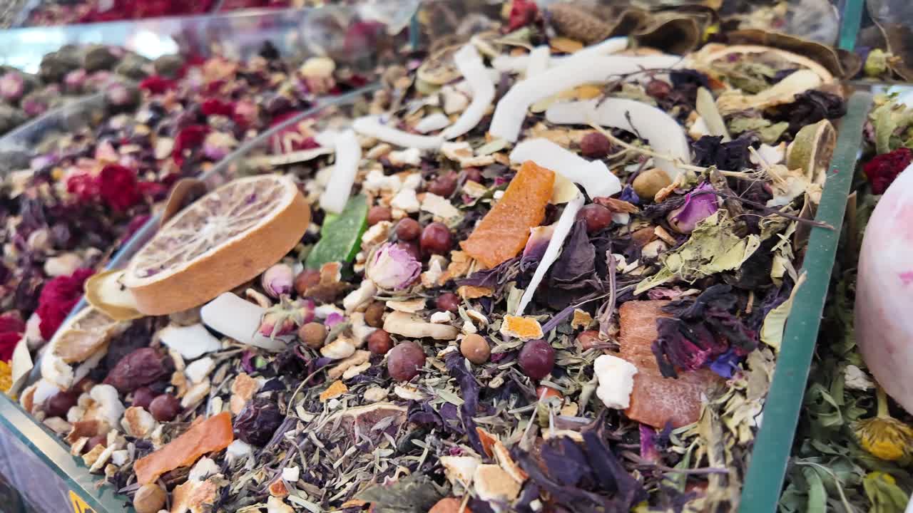 A blend of herbal tea with dried fruits and flowers