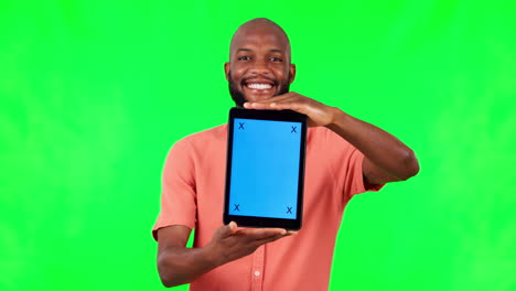 Black-man,-tablet-and-mock-up-with-green-screen