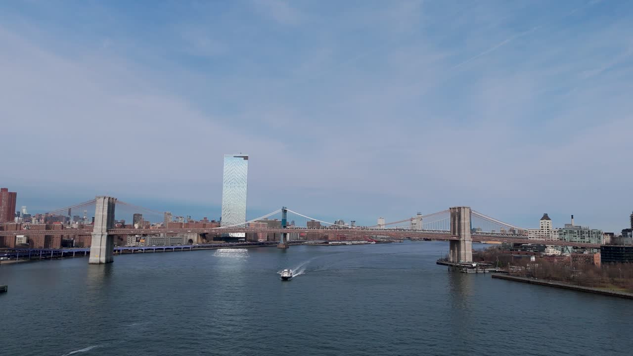 Aerial drone footage of Brooklyn and Manhattan bridge in New York City