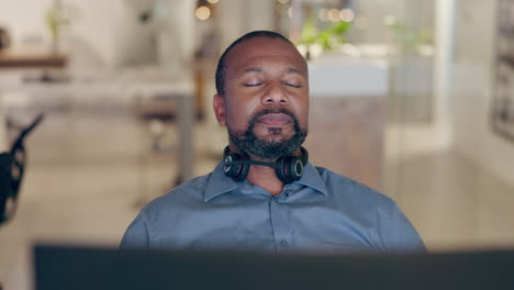 Black-man,-call-center-and-relax-on-break