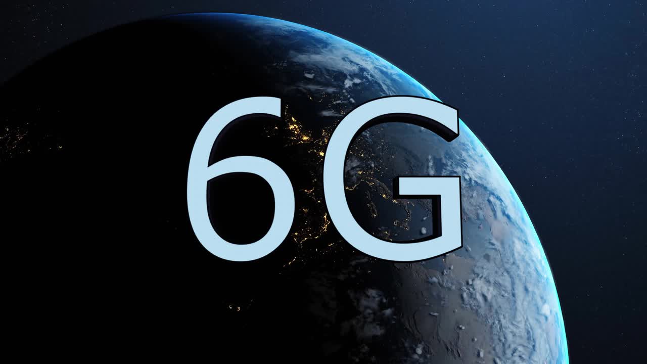 Animation of 6g text, connections and data processing over globe on dark background