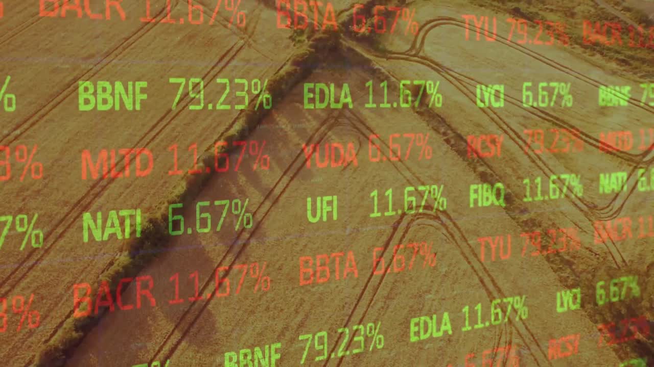 Animation der Finanzdatenverarbeitung über einem Agrarfeld