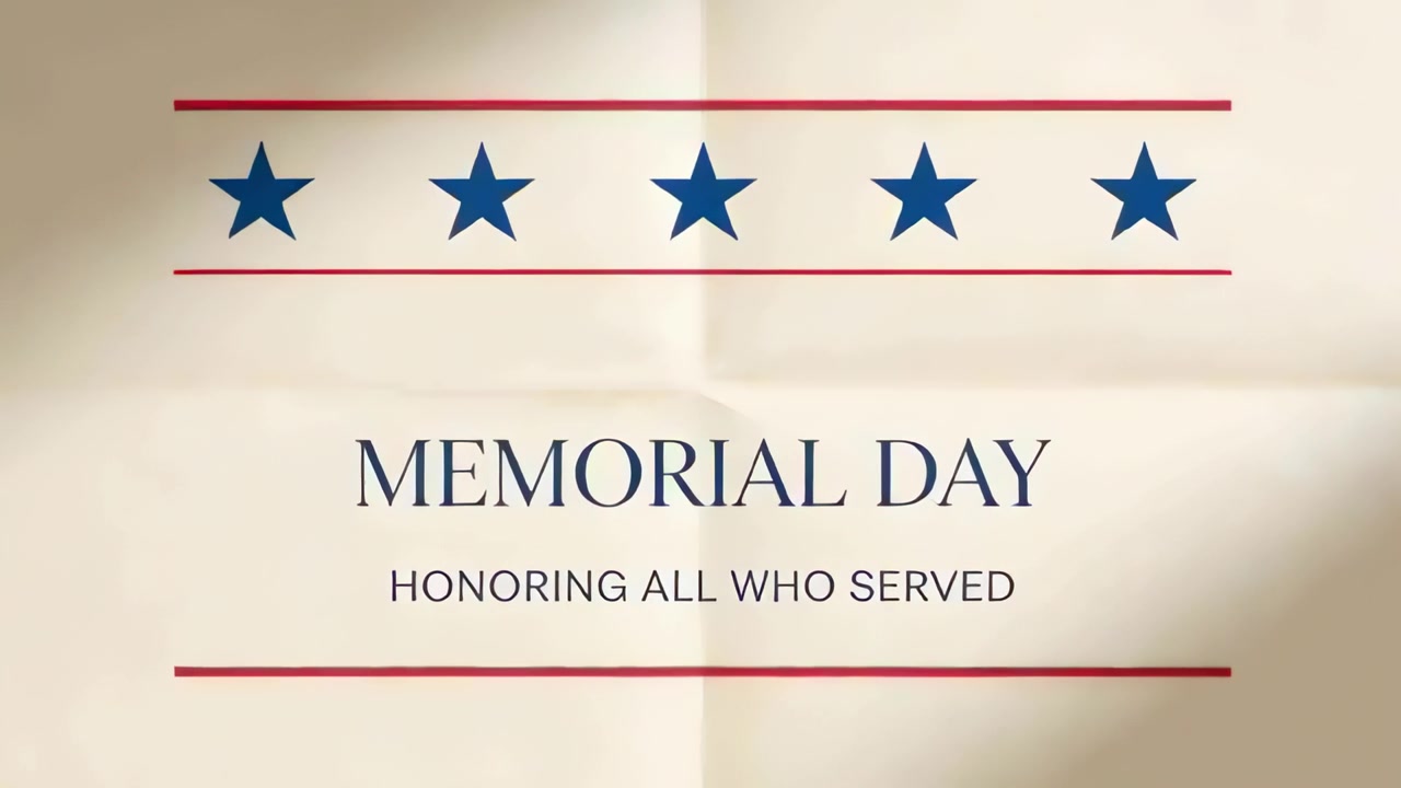 Shifting light moving across Memorial Day graphic on cream paper, revealing navy stars, red rules