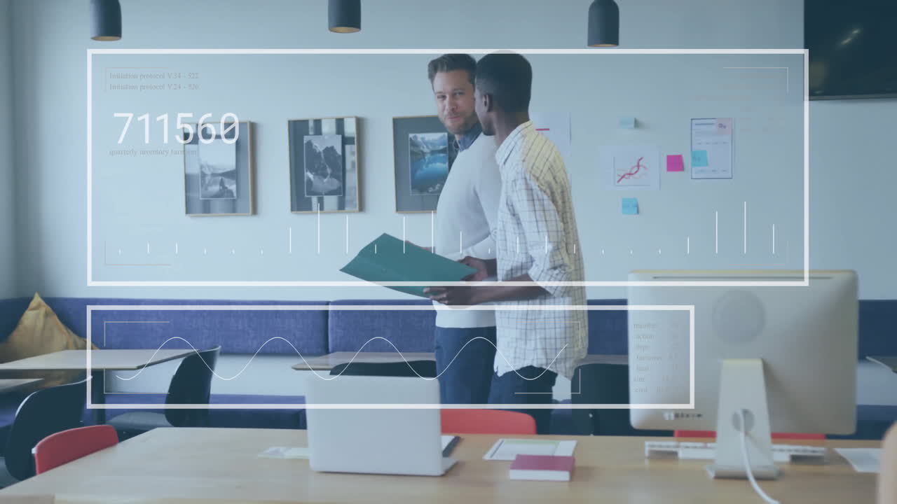 Animation of financial data processing over diverse business people in office