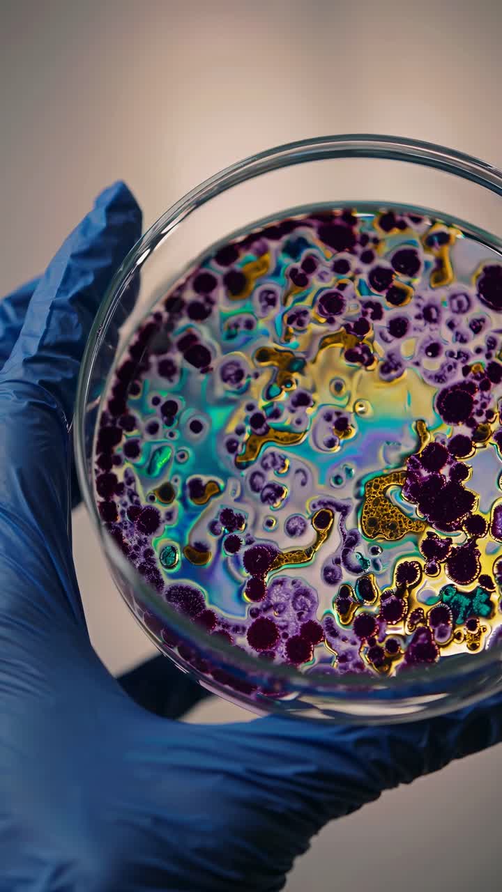 Gloved hand holding a petri dish with colorful bacterial colonies