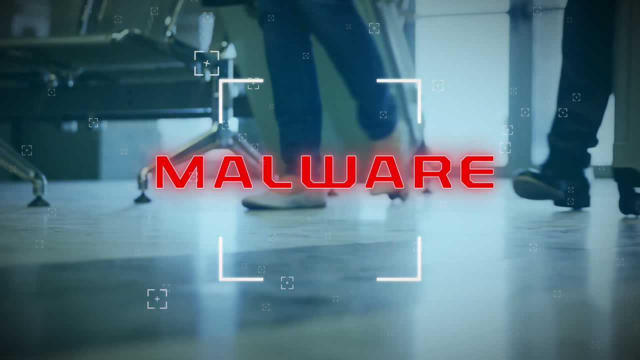 Animation of malware text over business people walking with luggage