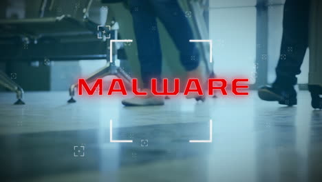 animación de texto de malware sobre gente de negocios caminando con equipaje