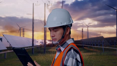 close up side view of asian male engineer with safety helmet working on a tablet while standing with solar panel and wind turbines