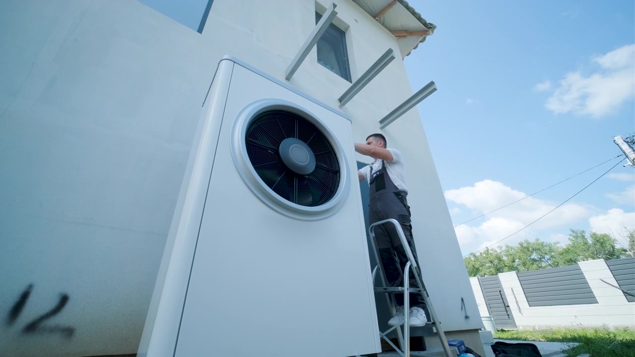 Technician Installing Heat Pump Unit on Residential House Exterior