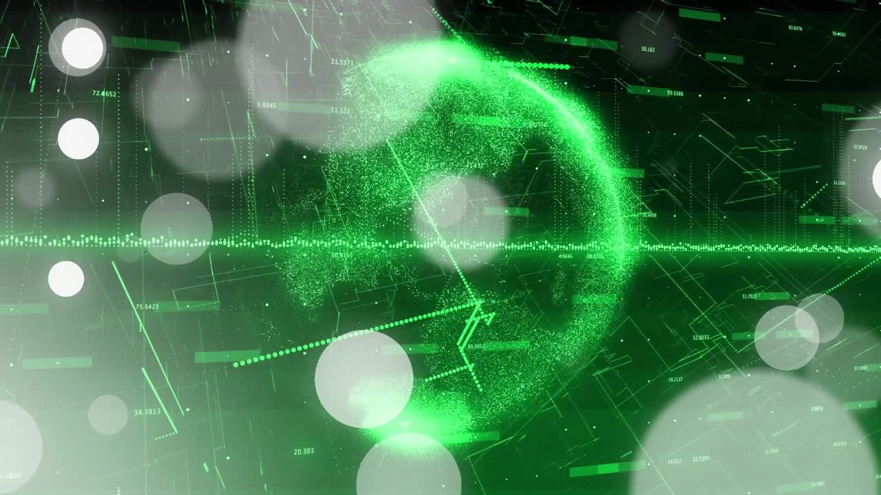 Dark green grid filling frame initiating circles floating particle sphere emerging visualizing data