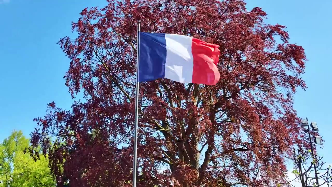 Bandiera nazionale francese che sventola contro il cielo blu accanto a fogliame di alberi colorati, rappresentando l'identità comunale francese.