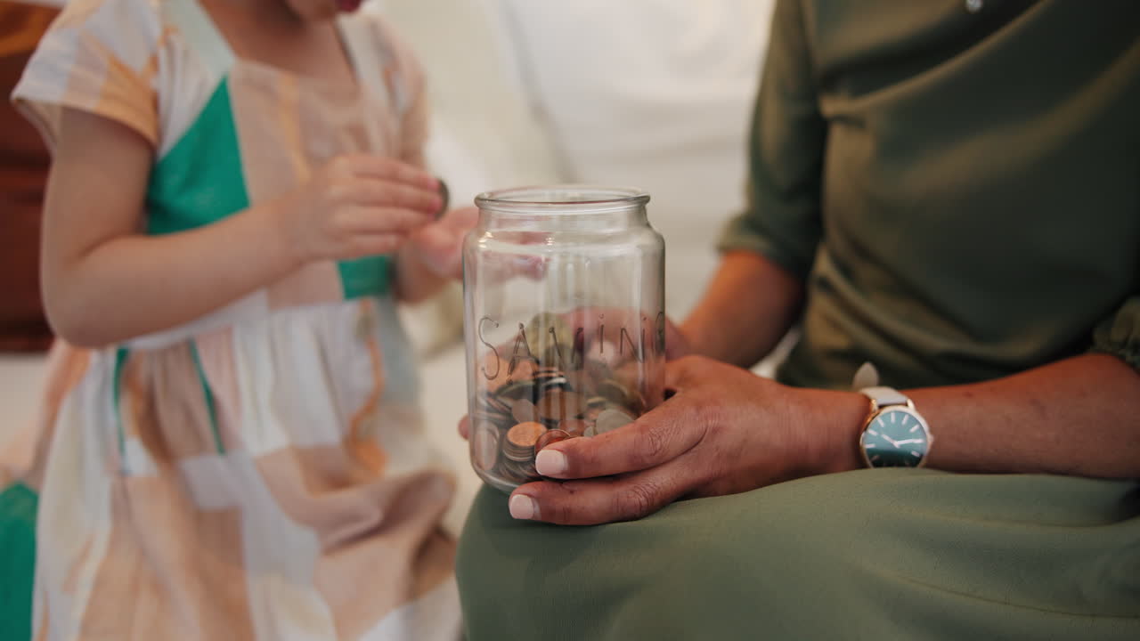 Coins, jar or hands of mother with child counting
