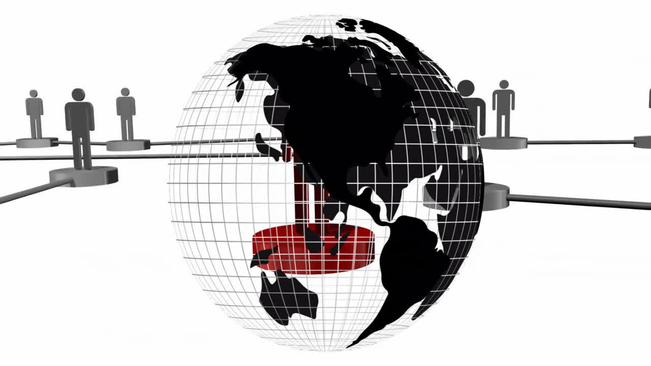Rotating globe with grid lines, silhouettes of people, showing global communication