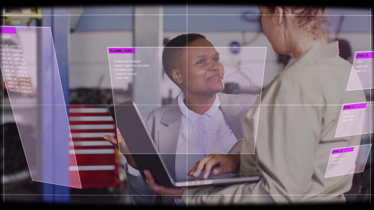Lead holding laptop while tech typing, initiating HUD panels sliding in auto shop for diagnostics