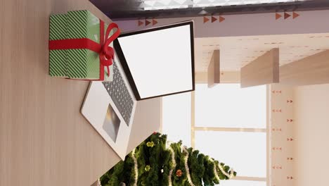 Laptop-Auf-Einem-Schreibtisch-Mit-Einem-Verpackten-Geschenk-Und-Einem-Geschmückten-Weihnachtsbaum-Im-Hintergrund