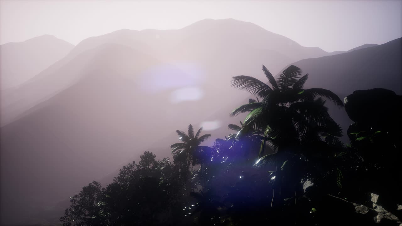 paisaje de montaña y campo con palmeras