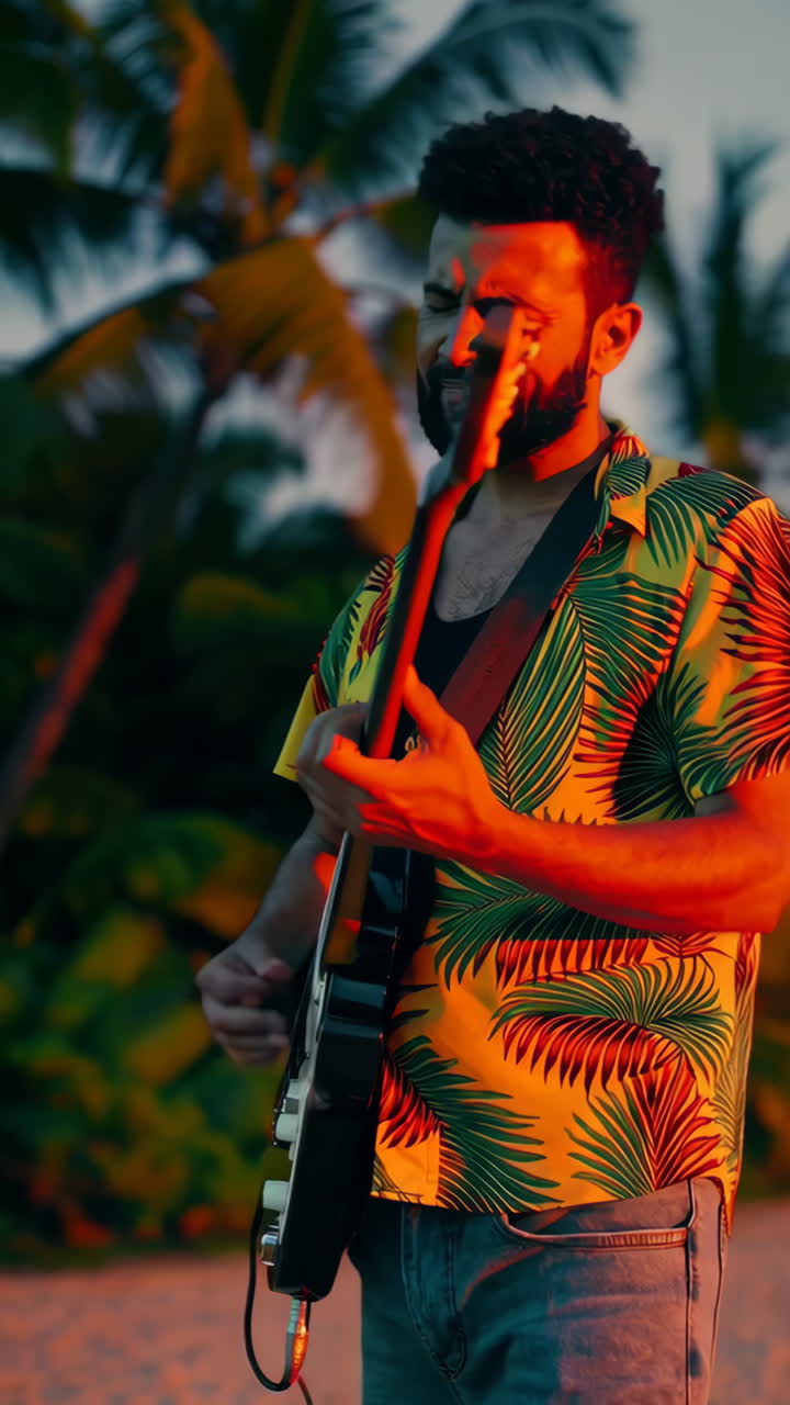 Man playing guitar on a beach at sunset