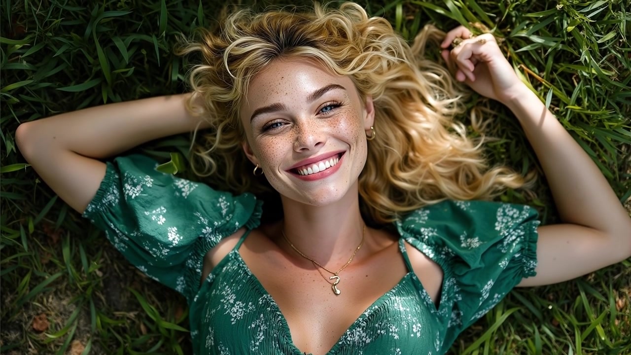 Bella giovane donna sorridente con i capelli biondi sdraiata sull'erba verde