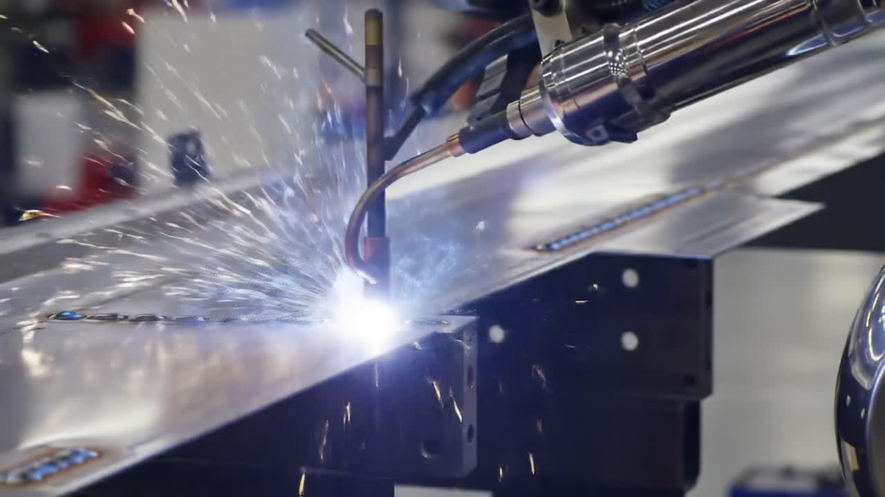 Robotic Welding Process: Sparks Fly as Automated Machining Tool Joins Metal Sheets with Precision and Efficiency in Modern Workshop Environment
