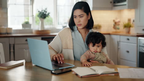 remote work, laptop and mother with baby stress