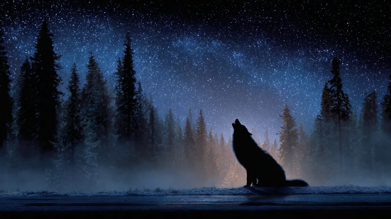 A mesmerizing night sky filled with twinkling stars illuminates a lone wolf silhouetted against the serene backdrop of a dense forest, captivating nature's haunting beauty