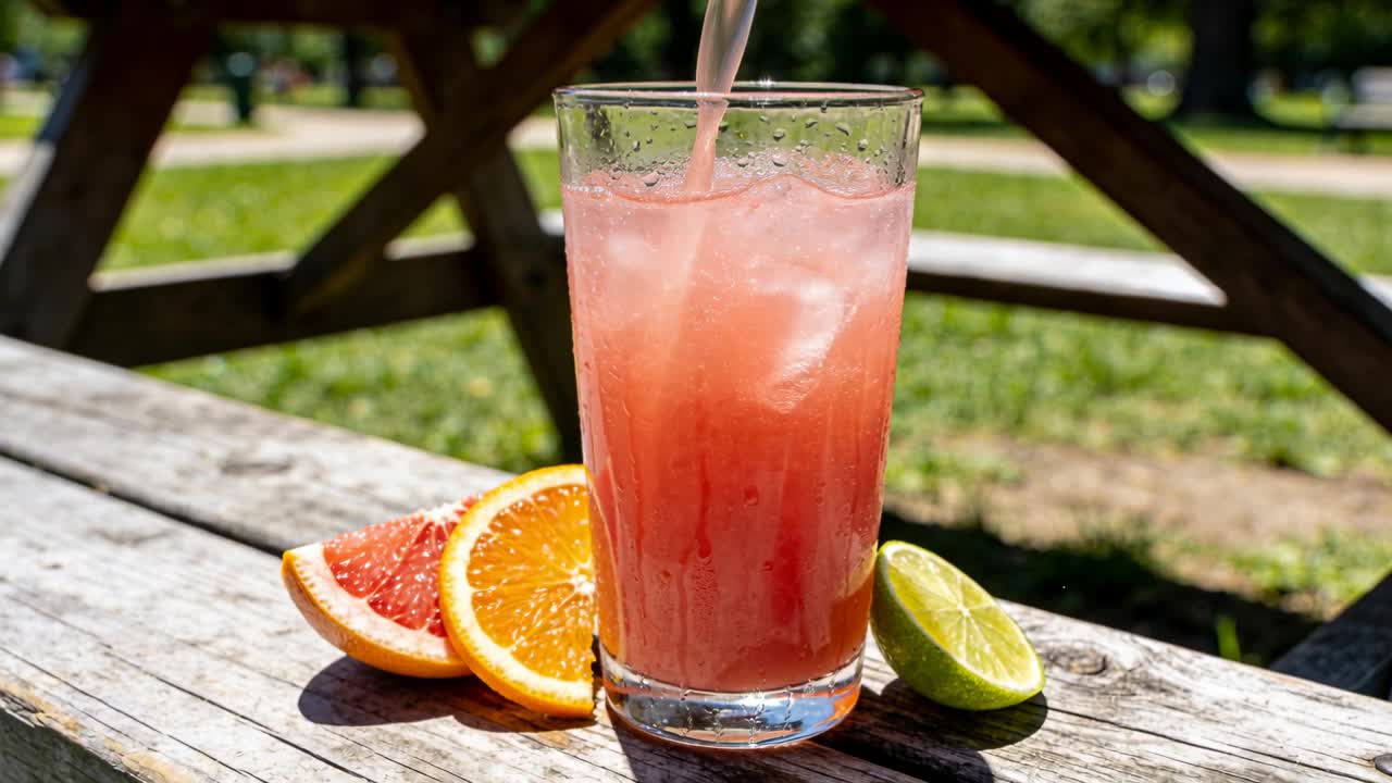 Heller rosa væske i et høyt glass på et slitt piknikbord i en park, med is og sitrus.