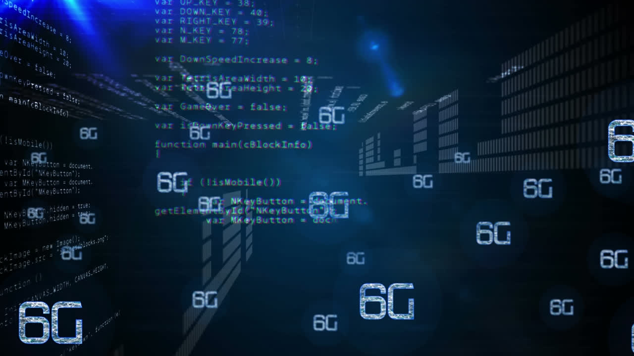 Animation of network of connections with 6g text over data processing
