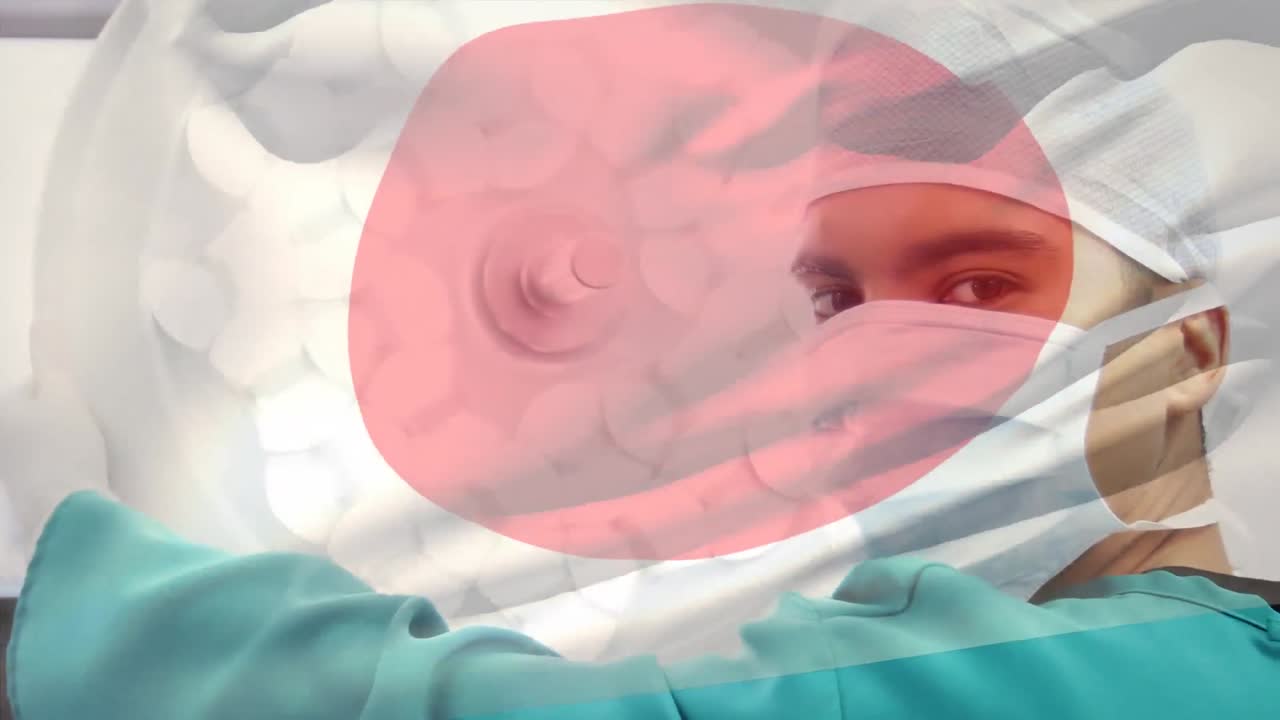 수술실 에서 외과 의사 들 위 에 흔들리는 일본 국기 의 애니메이션