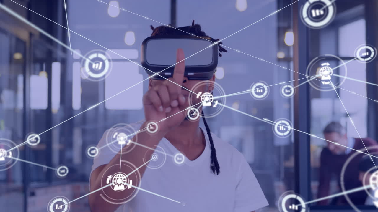 Animation of network of connections with icons over biracial businessman using vr headset