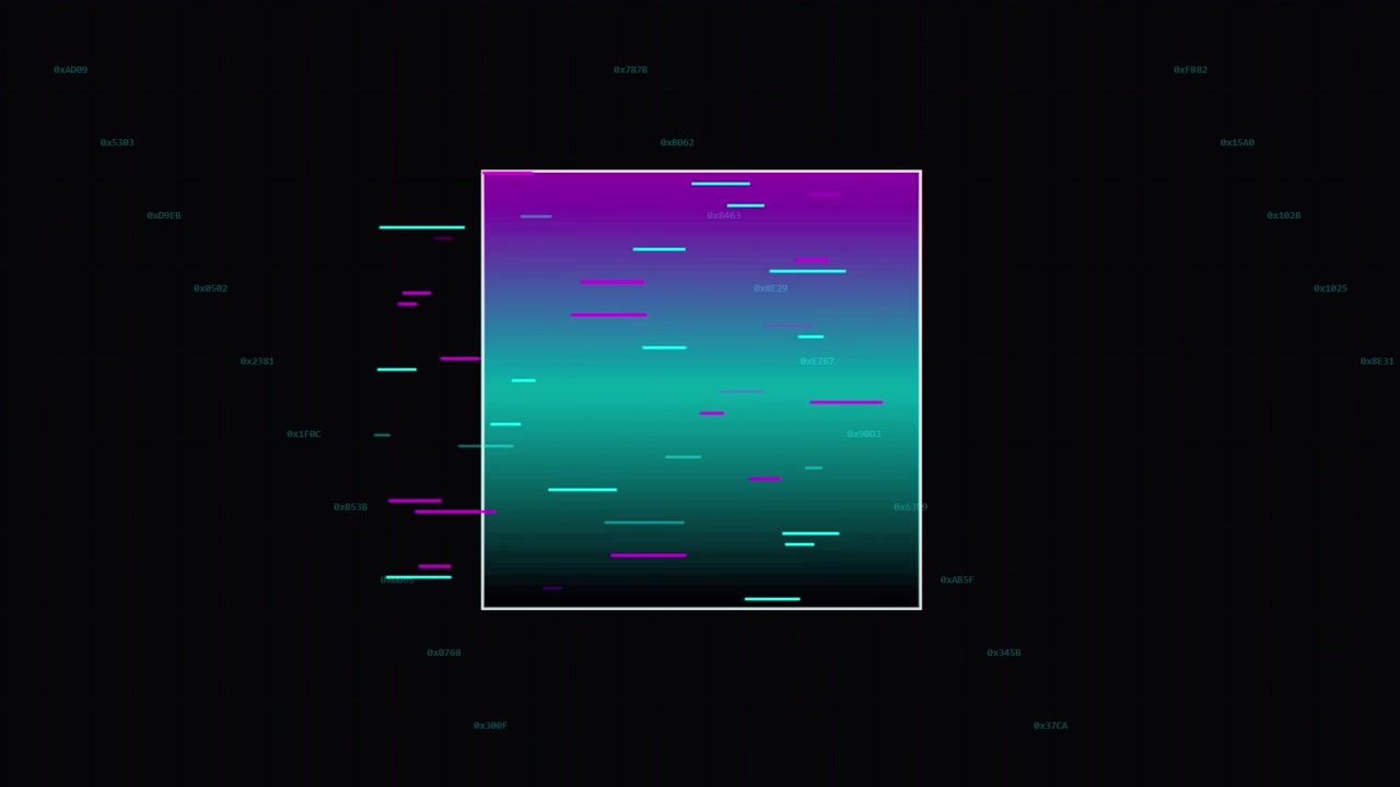 Abstract Digital Square with Glitch Effects and Floating Data