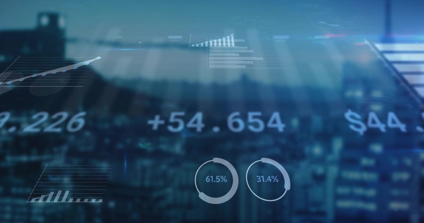 Blurred skyline appearing causing data overlay floating bars rings updating to visualize market