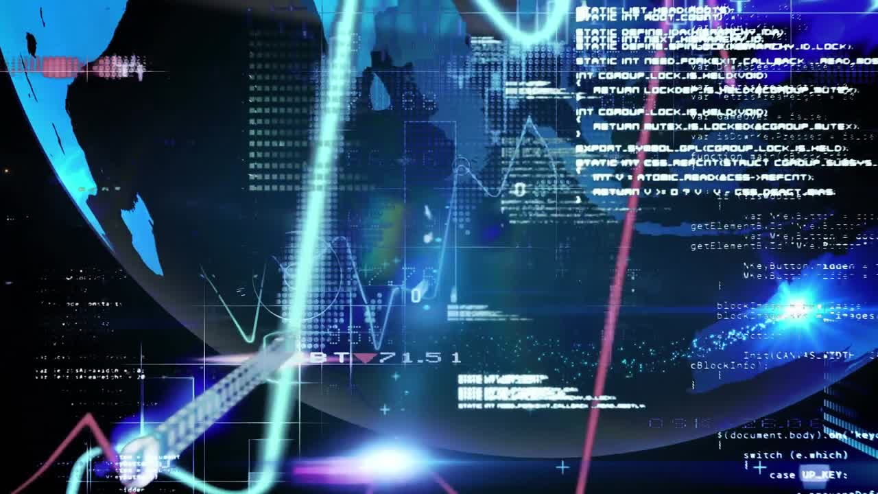 파란색 배경에 회전하는 지구에 대한 금융 데이터 처리의 디지털 애니메이션