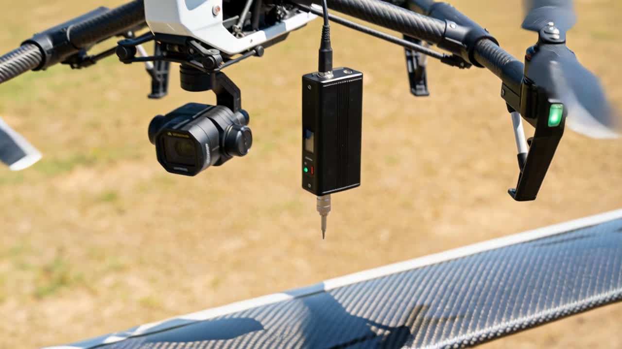 En multirotor-drone sænkes og påfører belægning på en søm på en kulfibervinge på en græsmark ved hjælp af en sonde.