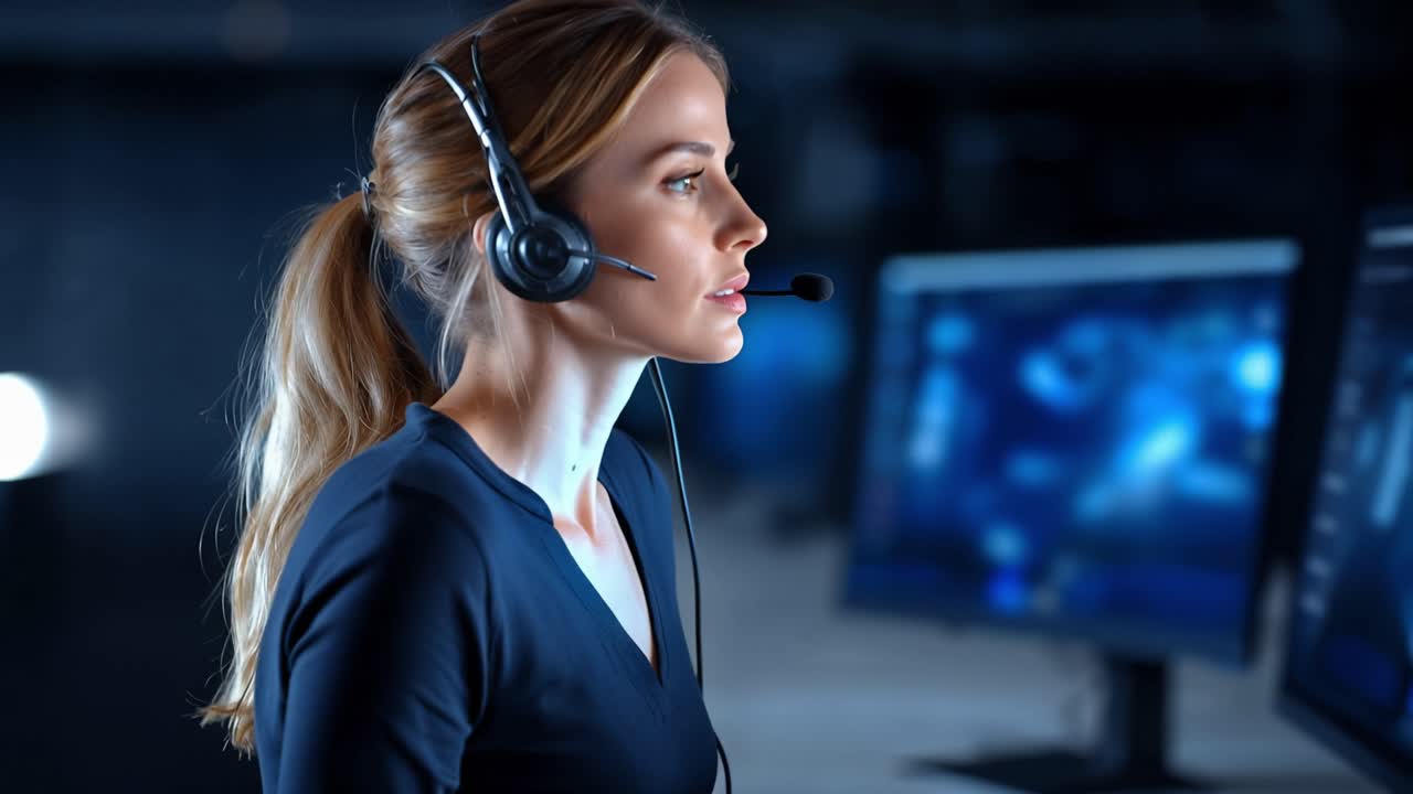 Geconcentreerde professional met headset werkt met computerschermen, biedt ondersteuning en analyseert gegevens in een technologische omgeving.