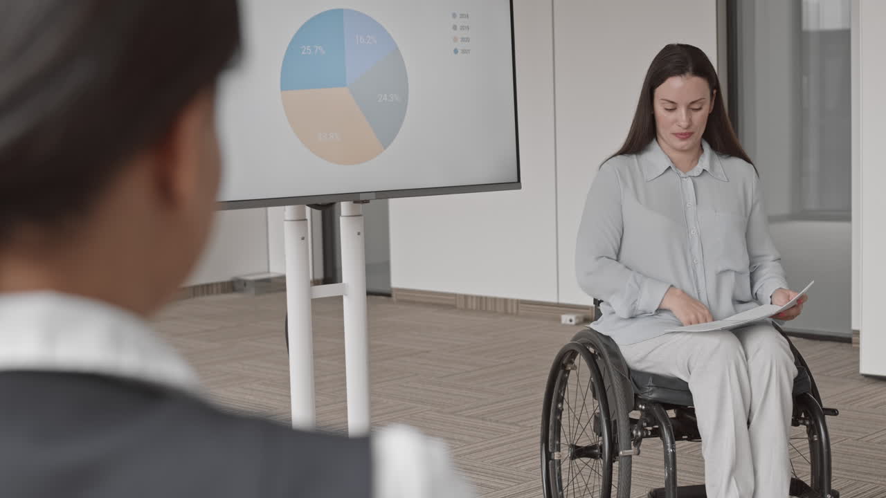 Businesswoman with Disability Talking to Colleague during Presentation