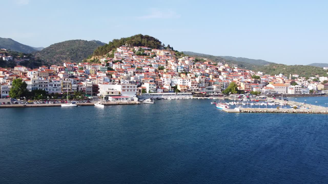 Plomari town on the island of Lesvos at North Aegean sea, Drone shot