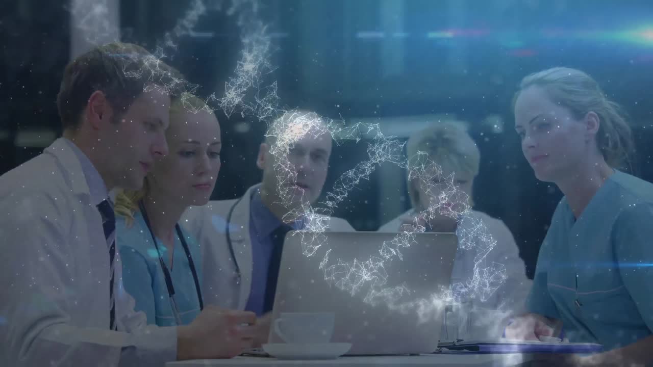 dna 구조의 디지털 애니메이션 회전과 의료 전문가의 팀에 대한 빛의 파란 반점이