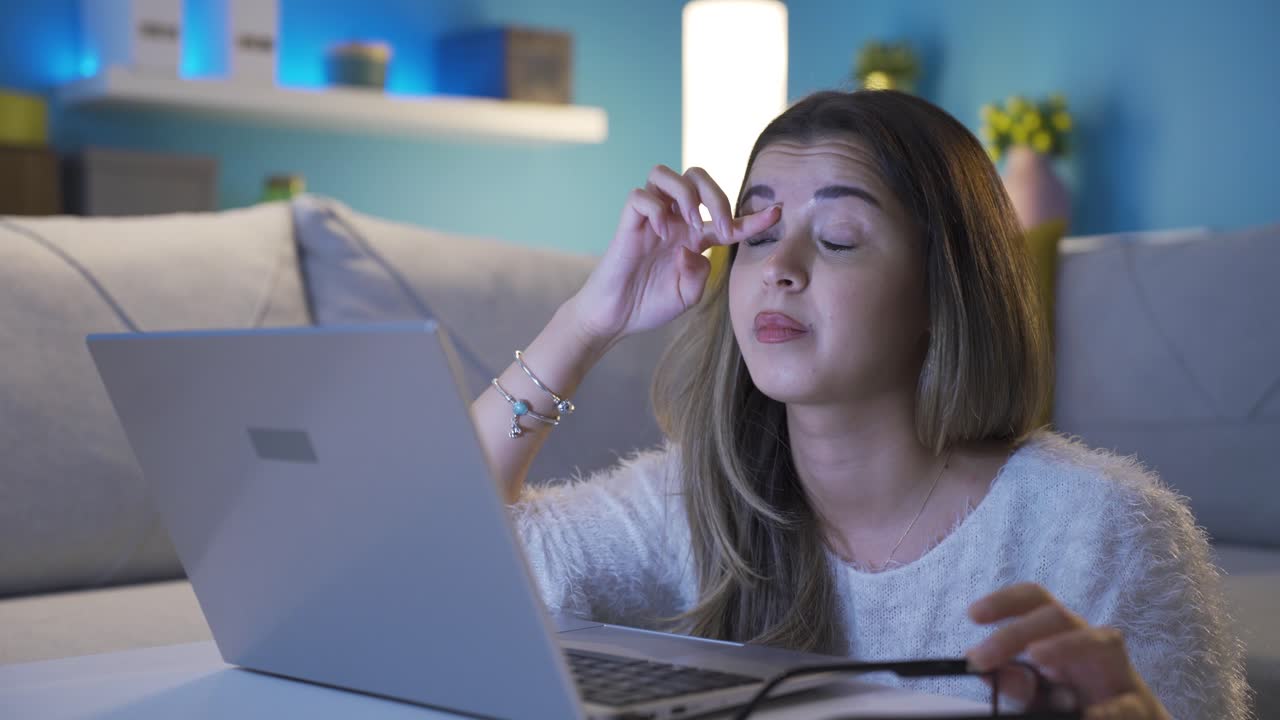 mujer joven somnolienta y agotada mirando la computadora portátil. hora de dormir.