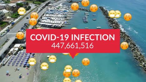 covid-19 infection text with increasing numbers and face emojis against aerial view of cityscape