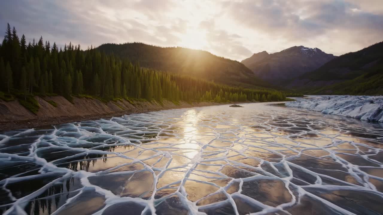 Aerial video captures a stunning frozen river with intricate ice patterns, surrounded by dense
