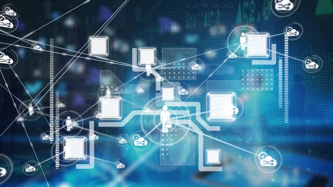 Animazione di rete di connessioni e interfaccia digitale su uomo che indossa un visore VR