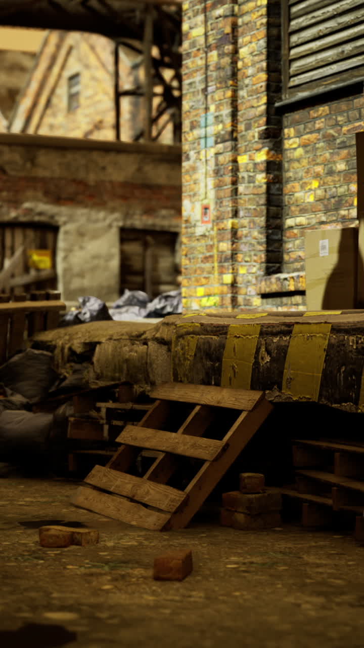 Urban alleyway with discarded materials and wooden pallets at dusk
