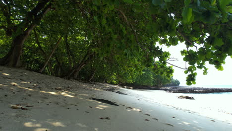 Drone-flying-backwards-low-over-a-quiet-beach,-sunny-day-in-Sao-Tome,-Africa